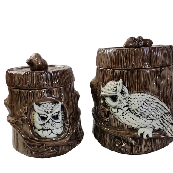 Vintage 1980 Owl Canister Set 2pc Double Sided With Acorn Pull Lids - Picture 2 of 11
